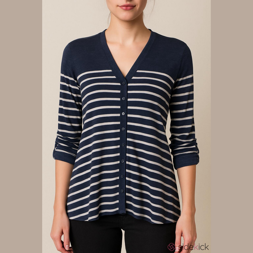 Splendid Navy Blue White Stripe Button Front Long Sleeve Shirt Top Tunic - 10
